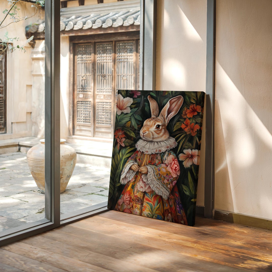 Regal Rabbit Portrait Canvas Art - Bunny in Elegant Floral Attire ...