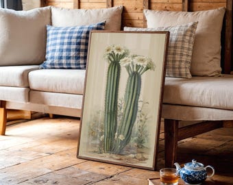 Vintage Botanical Cactus with White Desert Blooms
