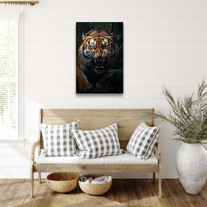 May include: A close-up of a tiger with orange and black stripes, roaring with its mouth open, in a dark green jungle setting.