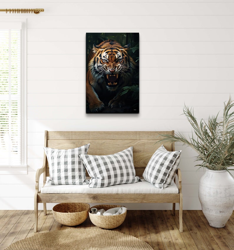 May include: A close-up of a tiger with orange and black stripes, roaring with its mouth open, in a dark green jungle setting.