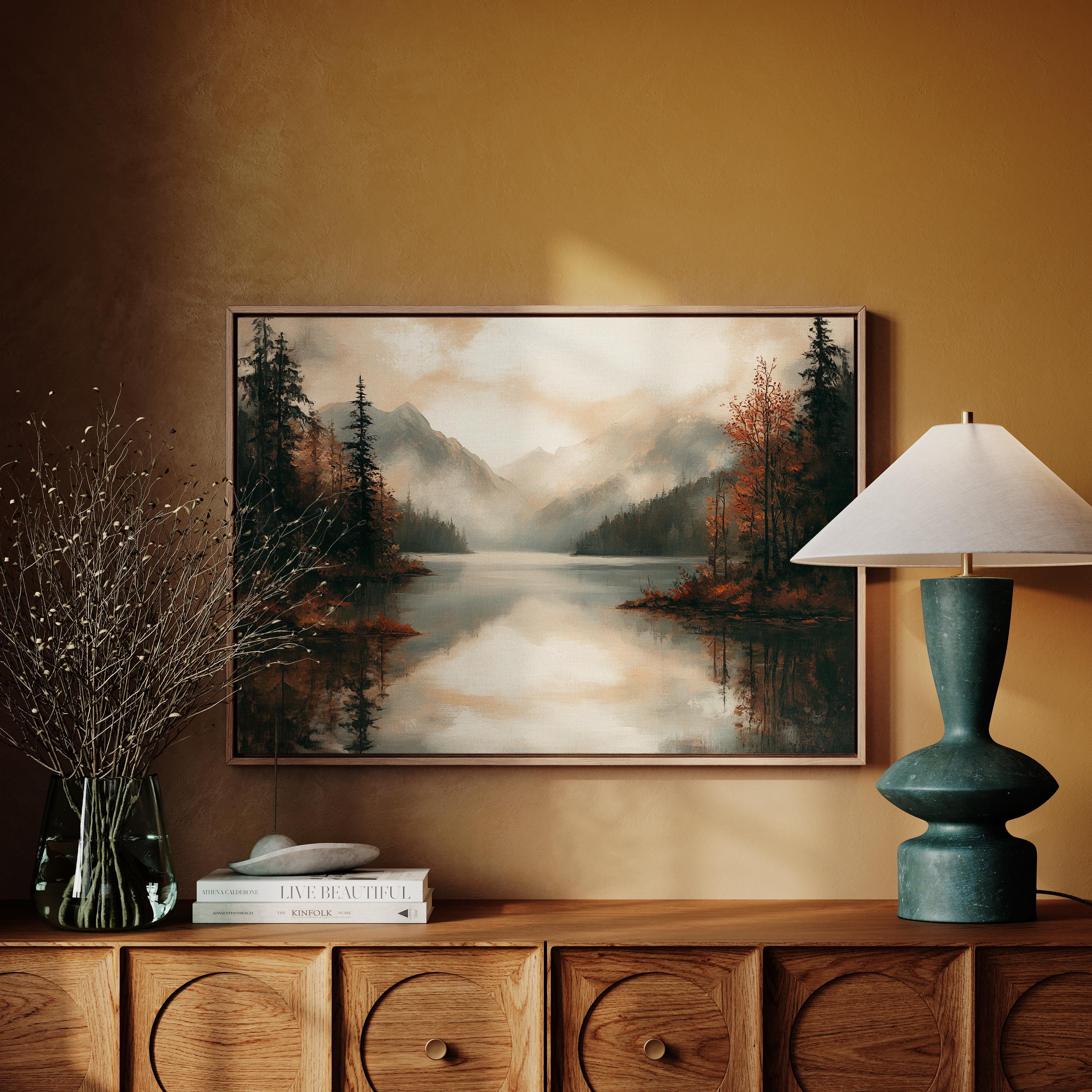 Moody Mountain Lake Canvas Wall Art | Autumn Forest Reflections Print ...