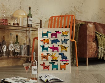 May include: A framed art print featuring a colorful, cartoon-style illustration of various dogs. Each dog is uniquely designed with different patterns and colors. The artwork is displayed in a room setting with a bar cart, chair, and a leather sofa.