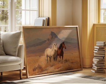 Wild Horses Canvas Wall Art | Western Desert Landscape Painting with Two Mustangs in Front of Mountain | Rustic Cowboy Ranch Home Décor