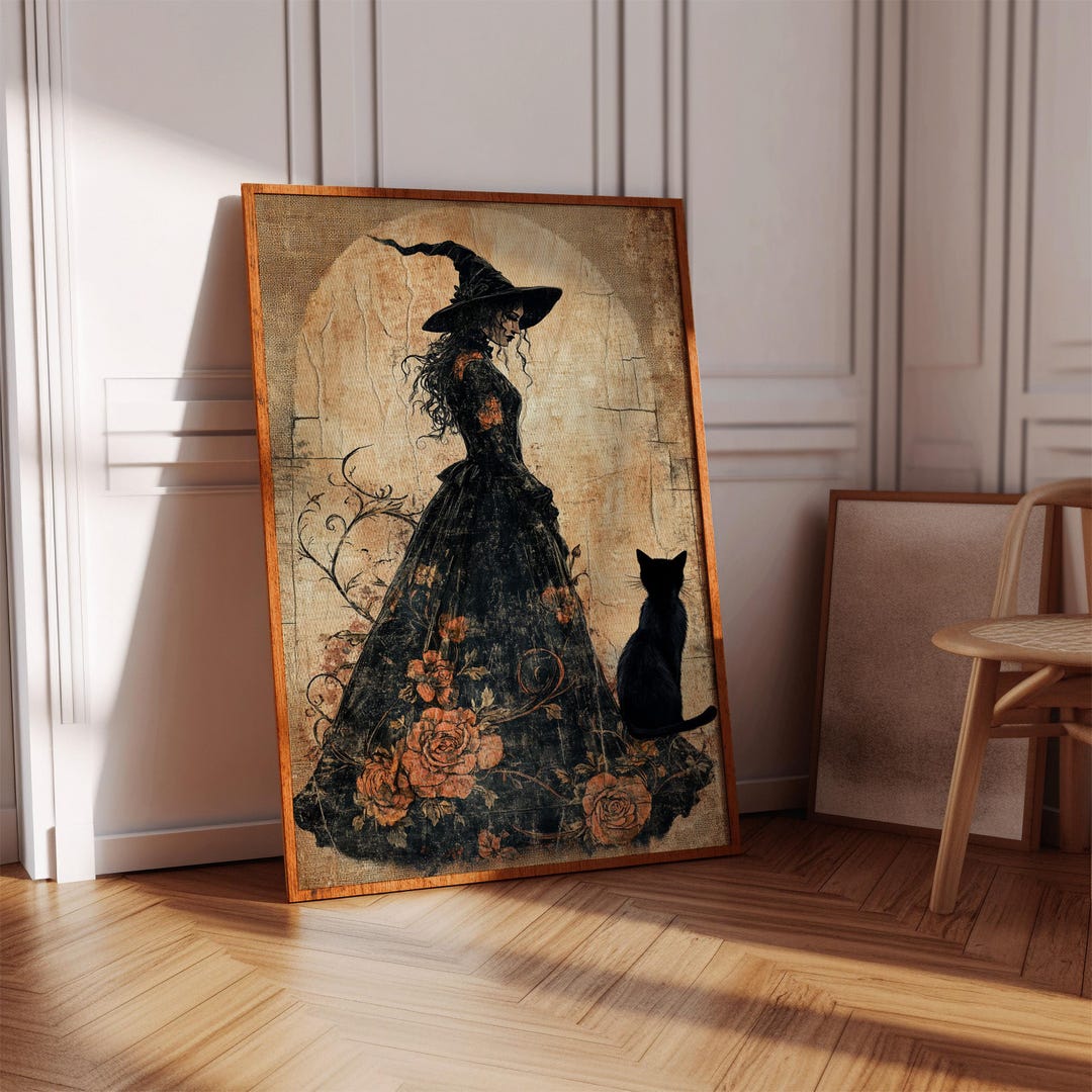 Vintage Witch Wall Art With Black Cat, Gothic Halloween Canvas Print ...