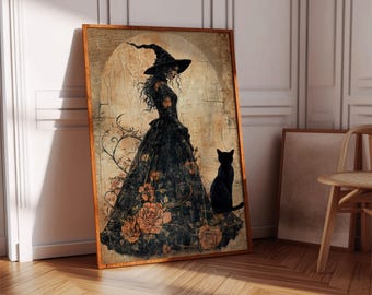 Vintage Witch Wall Art with Black Cat, Gothic Halloween Canvas Print, Dark Academia Floral Dress Decor, Spooky Autumn Witchy Artwork