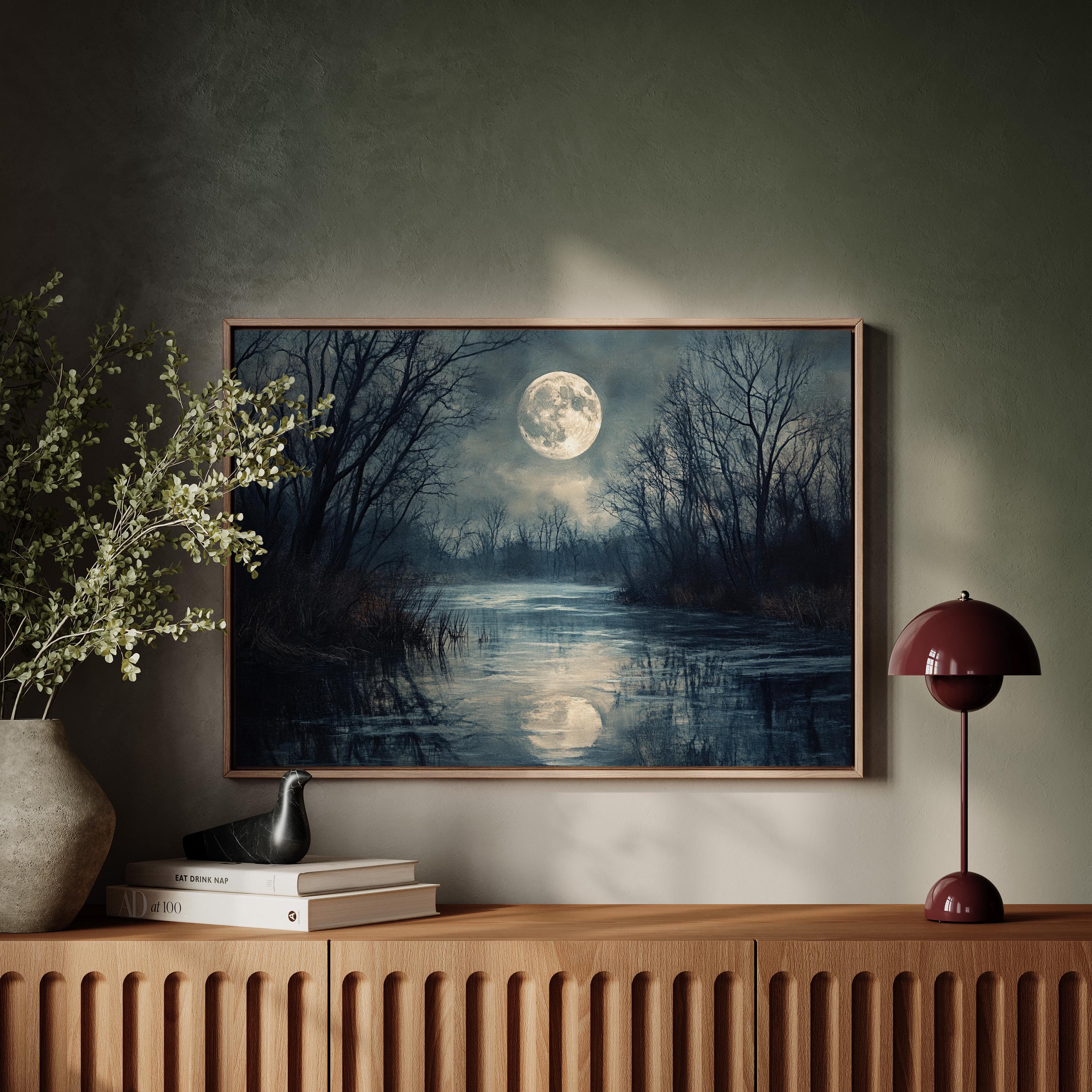 Mystical Moonlit River Landscape - Tranquil Nocturnal Canvas Wall Art ...