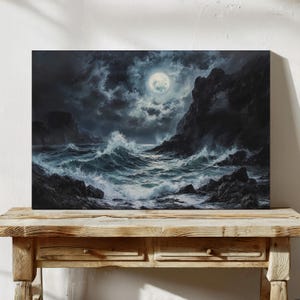 Stormy Ocean Moonlight Canvas Wall Art – Dramatic Seascape Oil Painting with Crashing Waves, Rocky Cliffs, and Full Moon Night Sky