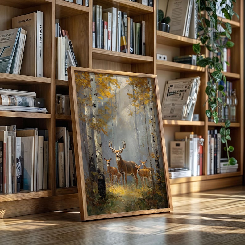 Deer Family Forest Painting | Rustic Woodland Canvas Wall Art - Etsy