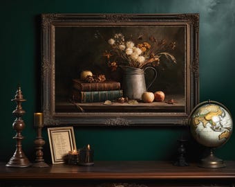 Vintage Still Life With Books Apples and Autumn Flowers