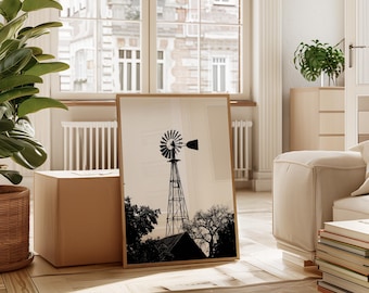 Black and White Windmill Farmhouse Print