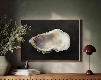Oyster Shell Canvas Wall Art | Coastal Nautical Seashell Painting with Realistic Texture on Dark Background | Rustic Beach House Decor