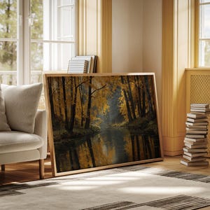 Autumn Forest River Oil Painting – Golden Fall Trees Reflecting on Calm Water, Peaceful Nature Landscape Wall Art Canvas for Home Décor