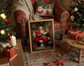 Lienzo decorativo divertido de Papá Noel para el baño, decoración navideña divertida, Papá Noel leyendo el periódico, obra de arte navideña original para el hogar.
