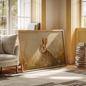 Rustic Bunny Wall Art, Spring Rabbit Canvas, Cottagecore Animal Print, Floral Woodland Nursery Decor, Farmhouse Nature Painting