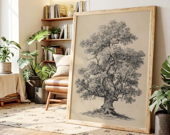 Vintage Ink Drawing Of Old Oak Tree, Rustic Nature Wall Art, Botanical Woodland Illustration, Antique Style Tree Print For Farmhouse Décor
