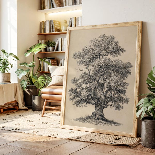 Vintage Ink Drawing Of Old Oak Tree, Rustic Nature Wall Art, Botanical Woodland Illustration, Antique Style Tree Print For Farmhouse Décor