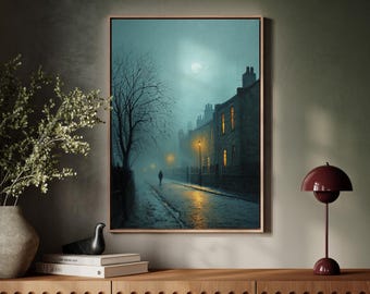 Moody Foggy Night Street Scene with Gaslights and Moon – Vintage Oil Painting Style Urban Landscape with Lone Silhouette Walker