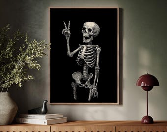 Arte de pared en lienzo con el símbolo de la paz de esqueleto, decoración gótica de Halloween, póster vintage de esqueleto, obra de arte de huesos espeluznantes para un hogar o bar alternativo.