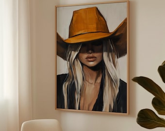 Art mural portrait de cow-girl chic - impression sur toile western moderne avec une femme blonde dans un chapeau de cow-boy audacieux pour une décoration de ferme rustique