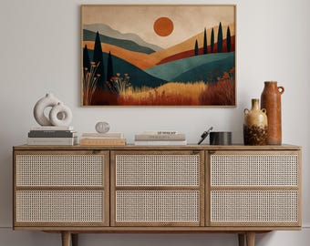 Abstrakt landskapsväggkonst, minimalistiska geometriska berg med sol, modern bohemisk lantlig inredning i varma jordfärger för hemmet