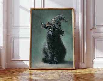 Gato preto com chapéu de bruxa, arte de parede em tela, decoração mística de Halloween, pintura de retrato de animal gótico assustador para casa, escritório ou exibição sazonal