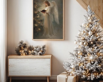 Christmas Angel Canvas Wall Art, Holiday Angel Reading by Tree, Spiritual Winter Décor, Religious Christmas Print for Home or Gift