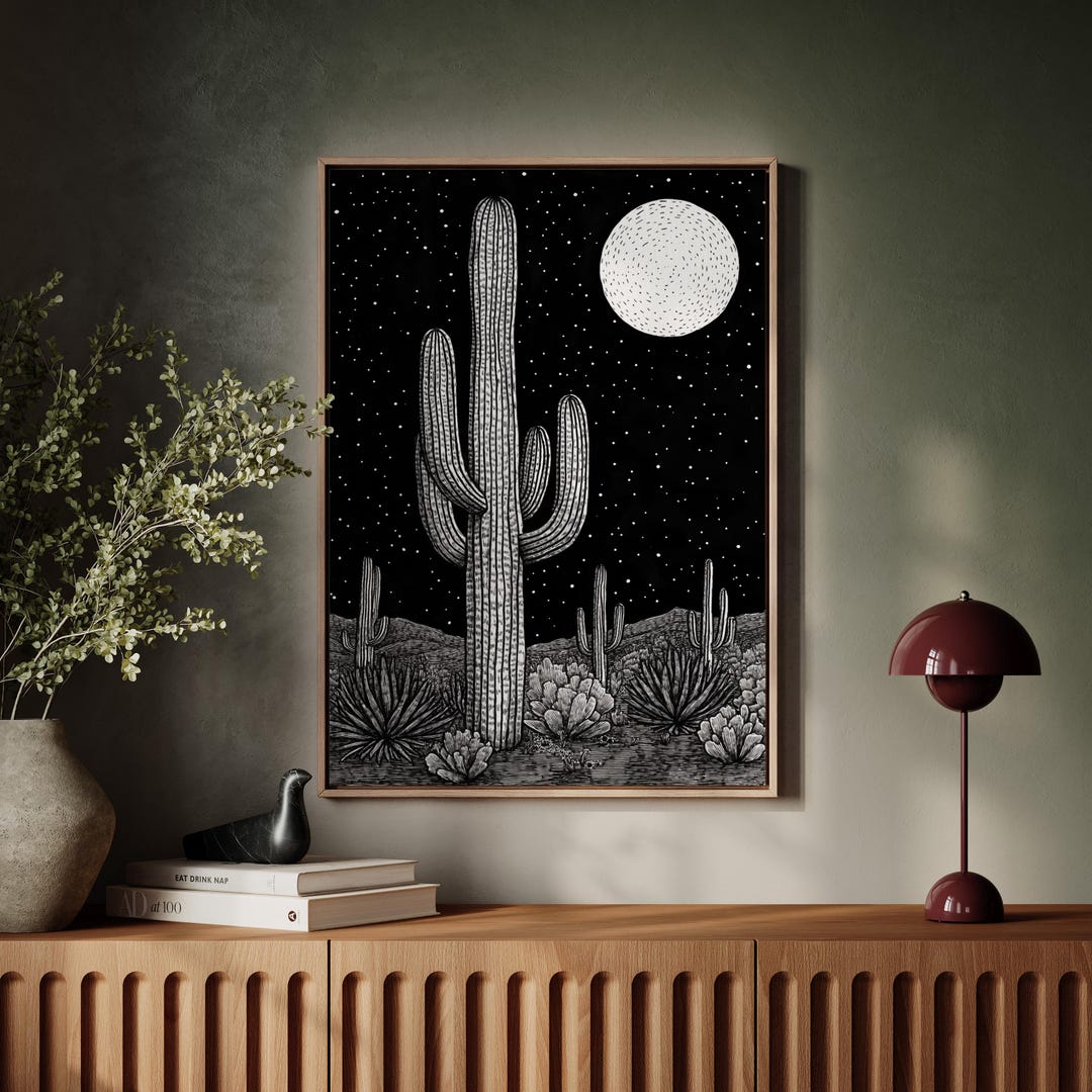 Saguaro Cactus Night Sky Canvas Art, Black and White Desert Wall Decor ...