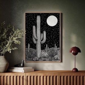 Saguaro Kaktus Nachthimmel Leinwand Kunst, Schwarzweiße Wüste Wanddekoration, Südwestliche Mondlicht Illustration, Kaktus Poster