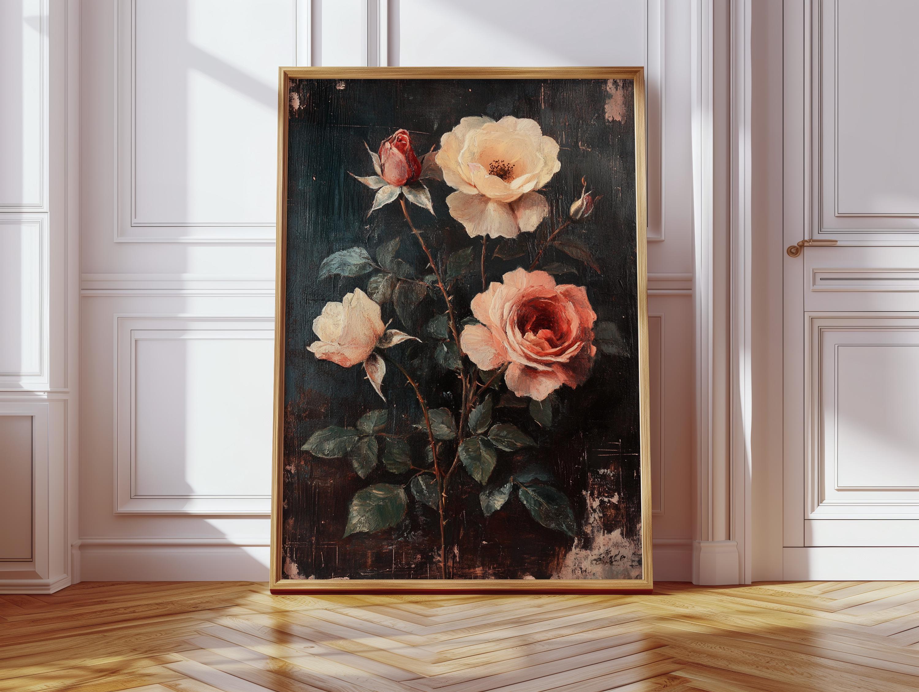 Vintage Rose Canvas Wall Art – Romantic Botanical Painting With