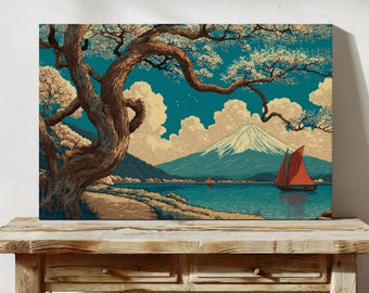 富士山キャンバスウォールアート、花咲く木と赤い帆船のある日本の風景