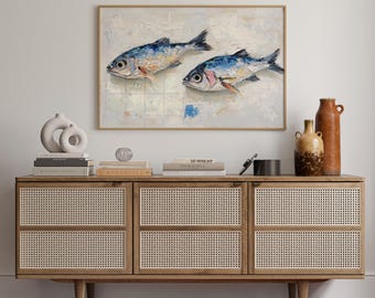 Two Fish Canvas Wall Art | Coastal Nautical Oil Painting with Bright Textured Brushstrokes | Rustic Ocean-Inspired Seaside Kitchen Decor