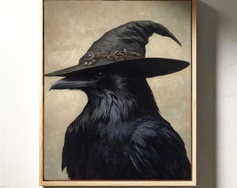 魔法の帽子をかぶった魔女カラス｜ゴシックハロウィンカラスの肖像画