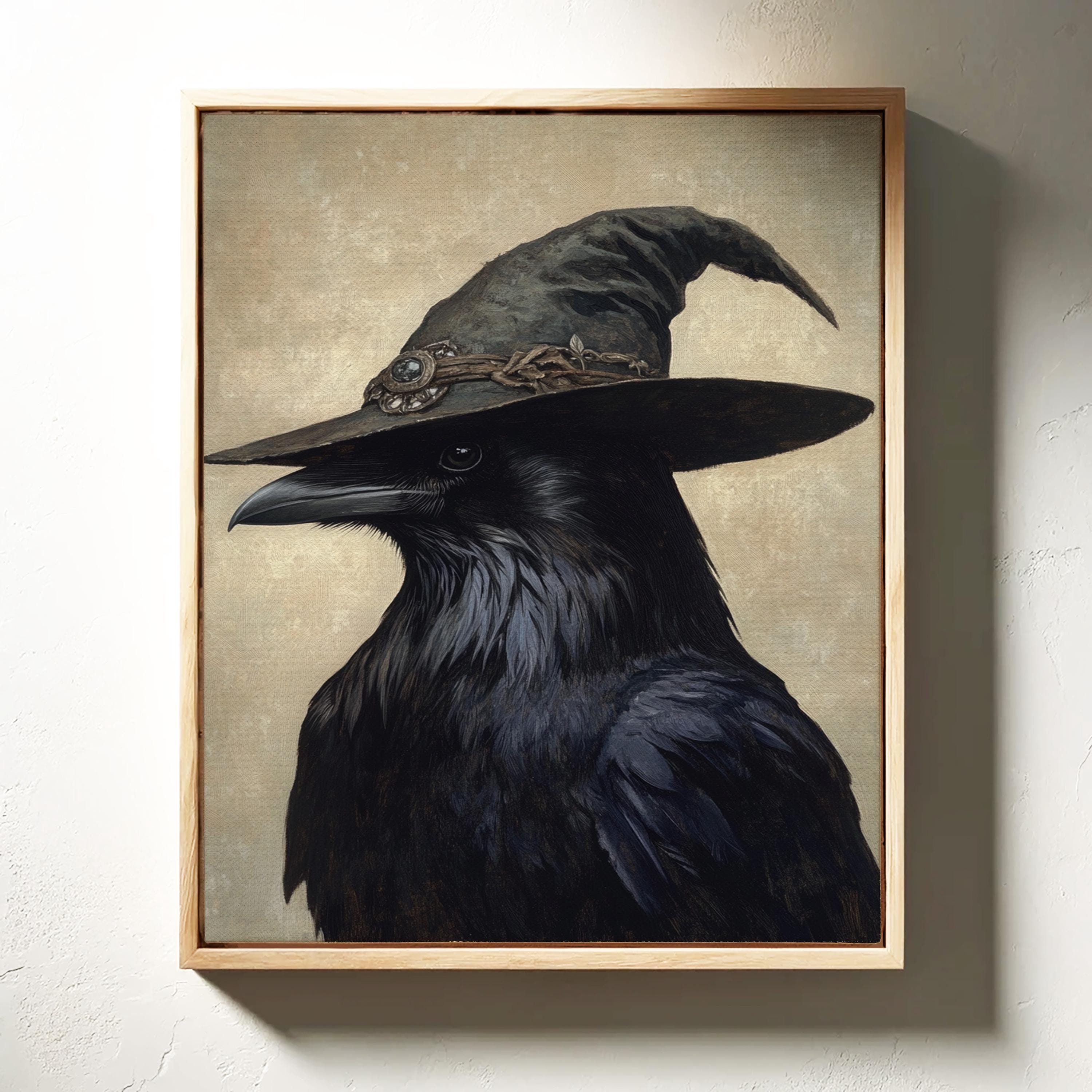 魔法の帽子をかぶった魔女カラス｜ゴシックハロウィンカラスの肖像画