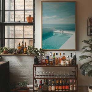 Coastal Infinity Pool Canvas Wall Art, Minimal Ocean View Print, Modern Beach House Decor, Serene Blue Seascape Artwork