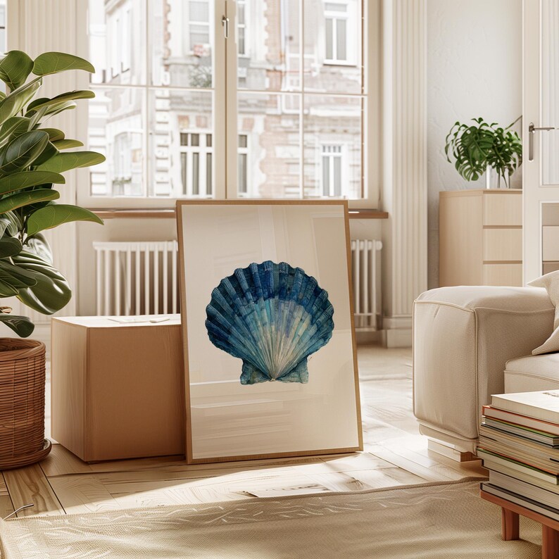 Blue Seashell Watercolor Wall Art, Coastal Beach Decor With Ocean Shell ...