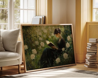 Elegant Woman Reading Among White Roses – Vintage-Inspired Floral Oil Painting Canvas Wall Art for Serene Home Decor