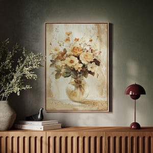Vintage Floral Canvas, Beige Roses in Glass Vase, Rustic Botanical Wall Art, Cottagecore Shabby Chic Flower Painting
