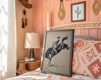 Cowboy op Bucking Bronco Western-inkttekening