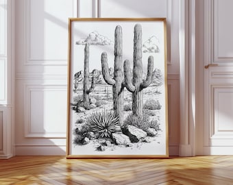 Desert Cactus Line Drawing Print – Vintage Saguaro Landscape Art in Black and White, Southwestern Decor for Boho or Western Wall Style