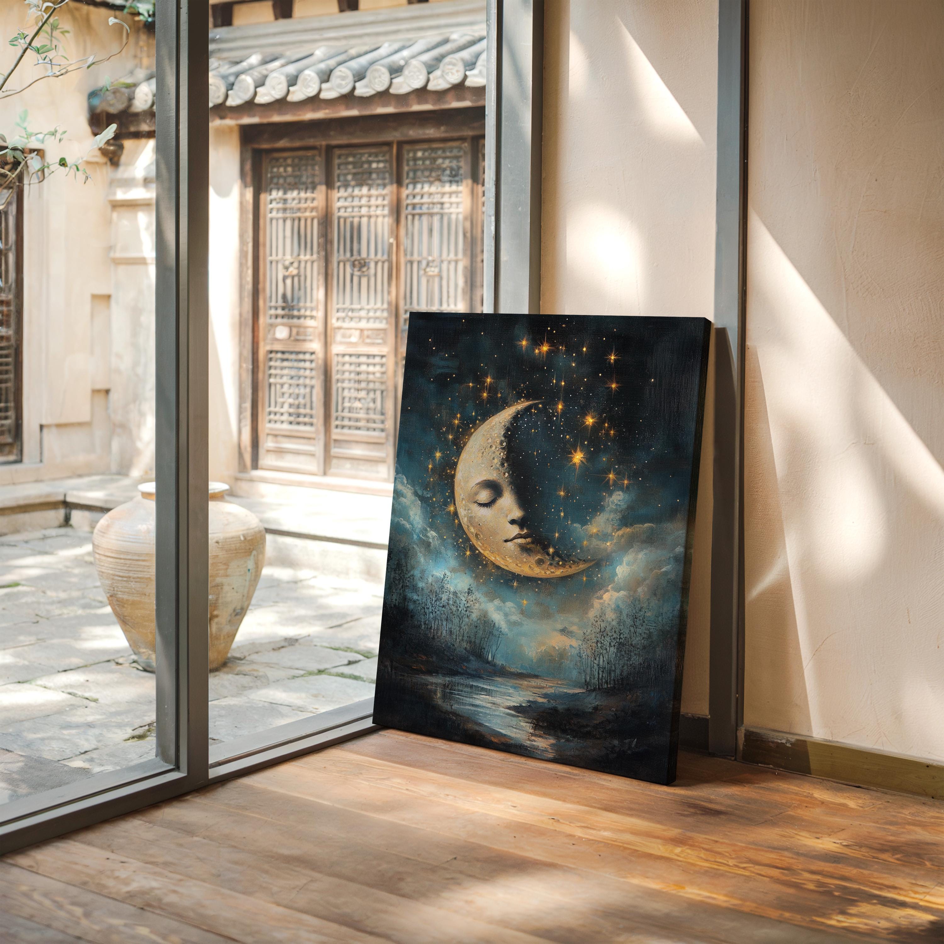 Surreal Moon Face Canvas – Dreamy Crescent Moon With Stars