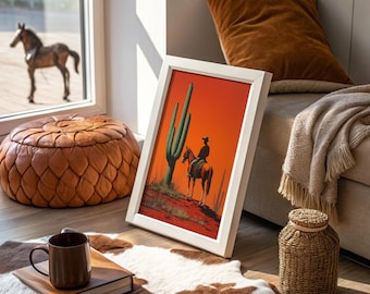 Cowboy en paard naast cactus woestijn zonsondergang kunst