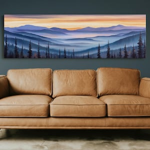 Serene Mountain Sunrise Canvas - Misty Pine Forest Landscape Wall Art - Panoramic Nature Scene for Home or Office Decor
