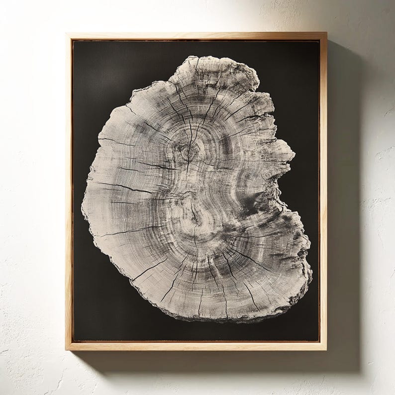 Vintage Tree Ring Wall Art Black & White Organic Print, Rustic Nature