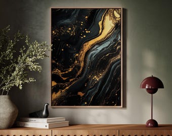 Elegant Black and Gold Abstract Marble Canvas Wall Art – Modern Fluid Ink Print for Glam Home Decor, Office, or Sophisticated Spaces