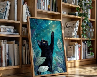 星空を眺める猫のアクリル画、暗闇で光る満月と星、8x8インチの額入り