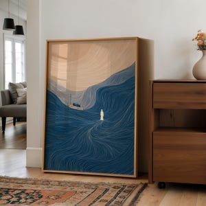 Minimalist Jesus Walking on Water Art | Modern Line Illustration of Miracle at Sea for Faith Decor