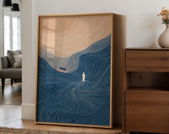 Minimalistische Jezus die op het water loopt | Moderne lijnillustratie van wonder op zee voor Faith Decor