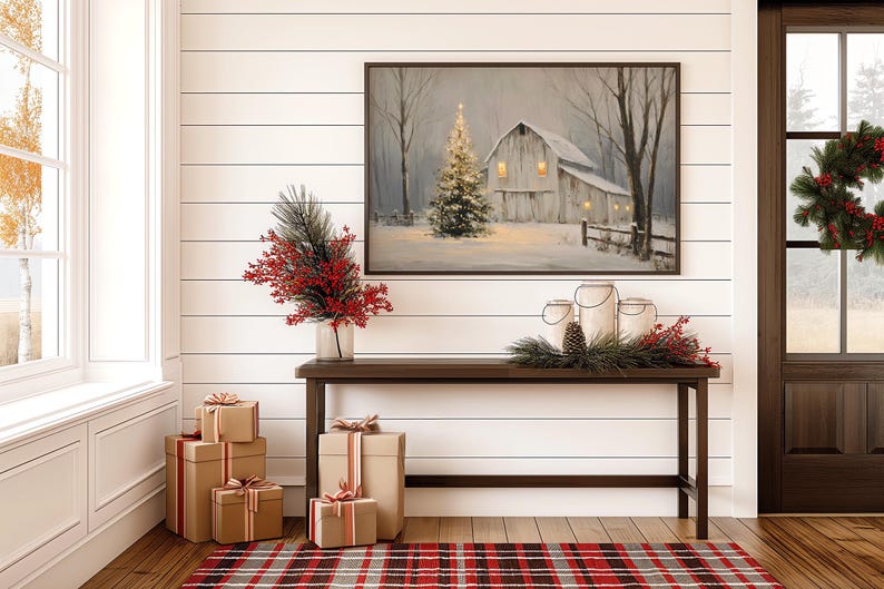 Rustic Barn Christmas Canvas Wall Art, Snowy Winter Farmhouse Scene ...