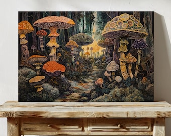 Whimsical Mushroom Forest Canvas Wall Art - Fantasy Fungi Wonderland Artwork for Nature-Inspired Home Décor