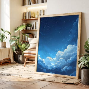 Ciel nocturne étoilé avec nuages luminescents - Art mural en toile céleste bleu rêveur pour chambre à coucher ou chambre d'enfant